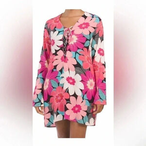 LA Blanca in full bloom lace up Tunic Cover - Up Multi color Size M Brand New